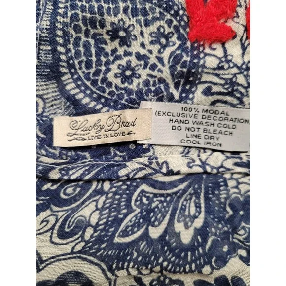Lucky Brand Bohemian Scarf Blue Paisley Red Floral Trim  Shawl Sz 40in X 43in - Picture 2 of 3